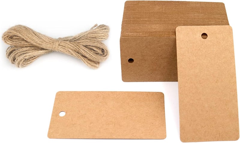 g2plus 100PCS Kraft Paper Gift Tags with String,3.5" x 1.7"Brown Blank Tags with Jute Twine Rectangle Labeling Tags for Arts and Crafts,Wedding,Christmas,Thanksgiving and Holiday - Image 1